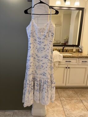 Aqua White Slip Dress with Blue Floral Print and Lace Trim